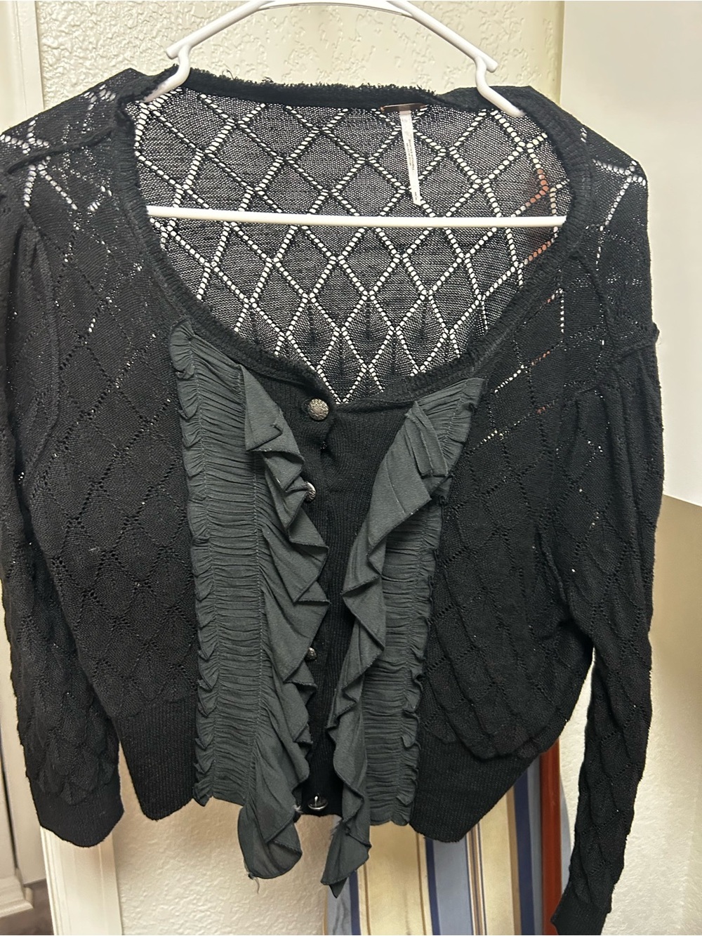 Free People Black Ruffle-Front Knit Cardigan
